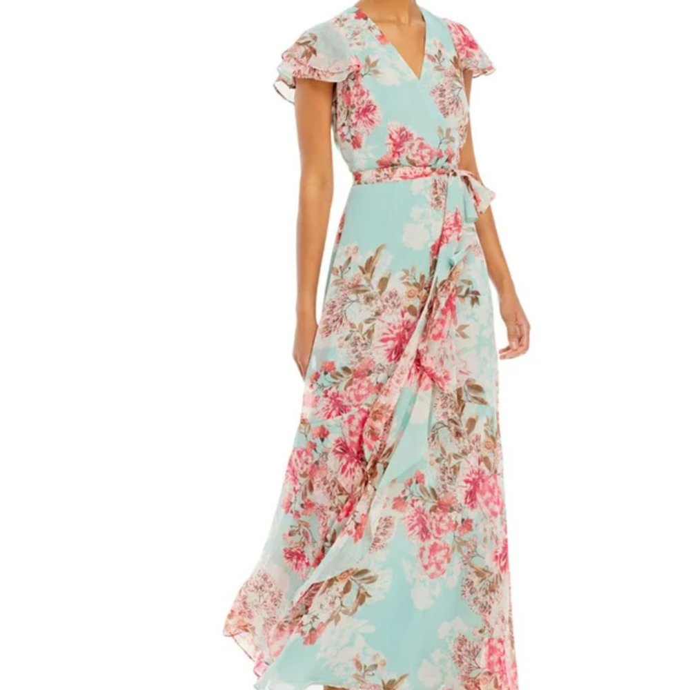 Eliza J Flowing Floral Blue & Pink A Line Gown size 4